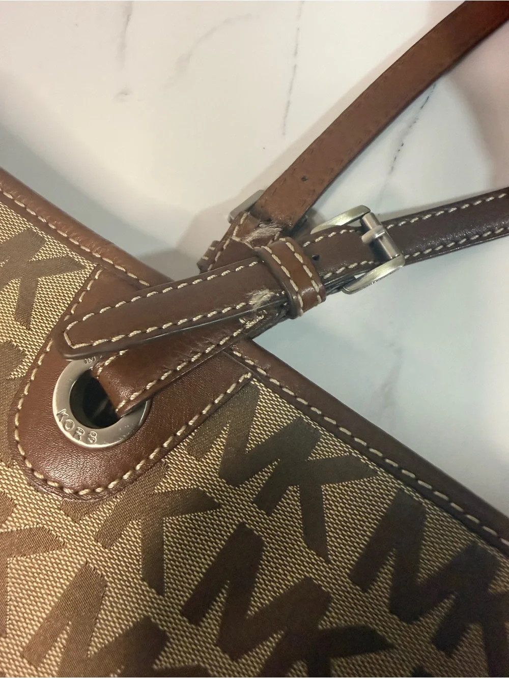 Michael Kors Tan Beige MK Signature Tote with Brown Trim